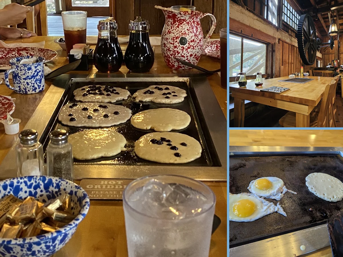 Breakfast plates and coffee in a casual restaurant.