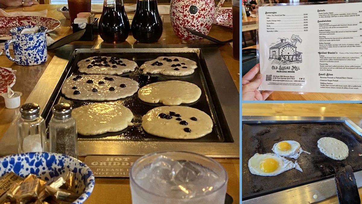 Family dining with pancake batter at the table.